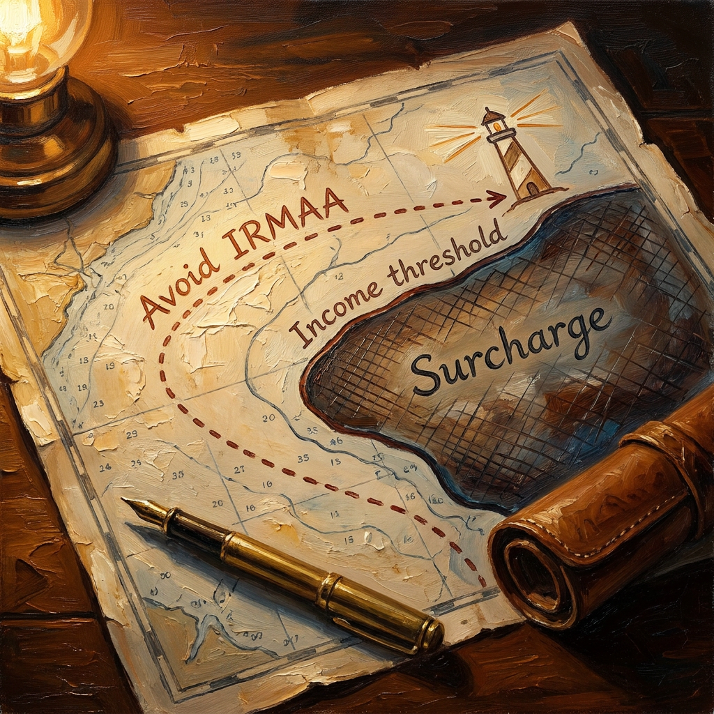 Painterly nautical chart with a safe route labeled Avoid IRMAA curving around the Surcharge beyond the Income threshold toward a lighthouse.