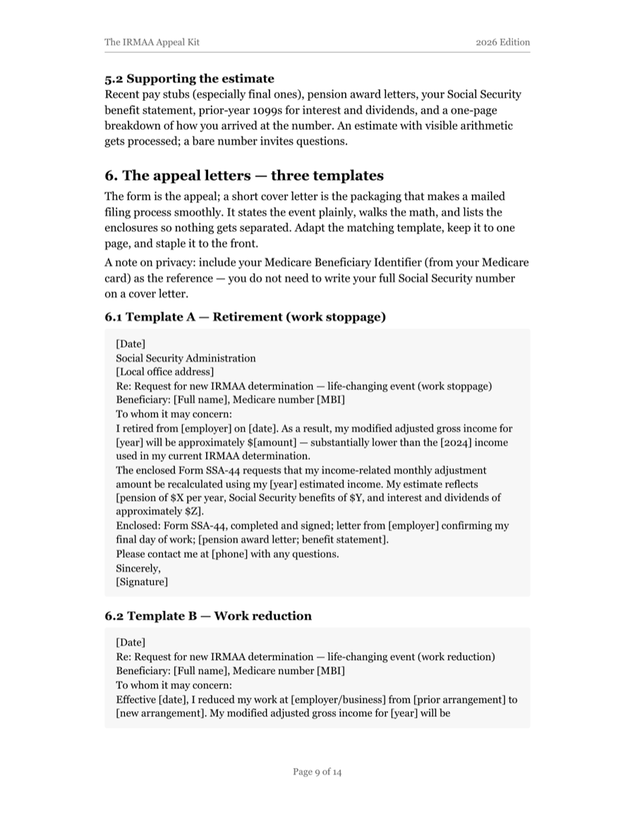 Page 9 of the IRMAA Appeal Kit: the appeal letter templates