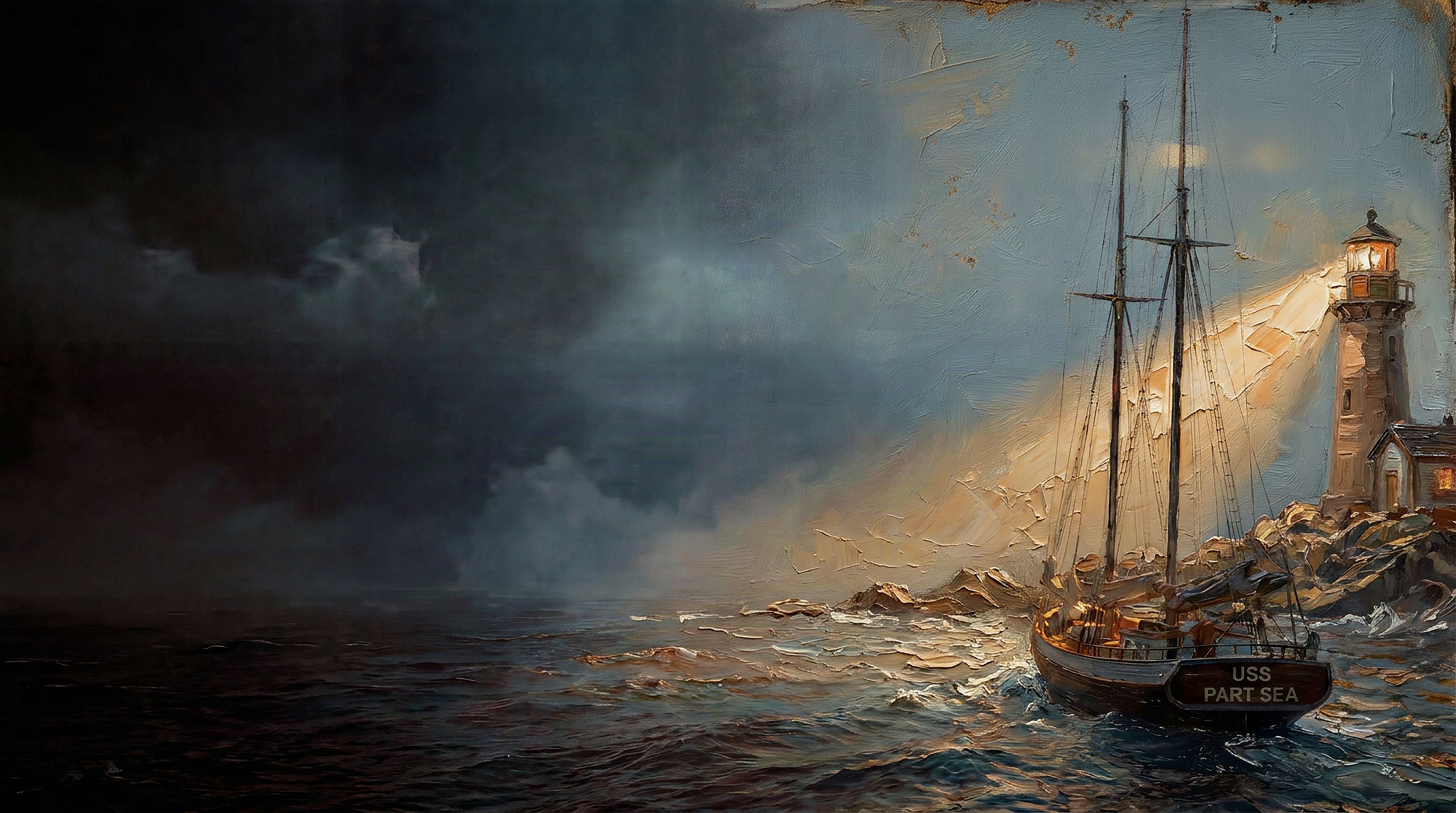 A coastal lighthouse beams light onto a two-masted sailing ship, USS Part Sea, on foggy night seas.