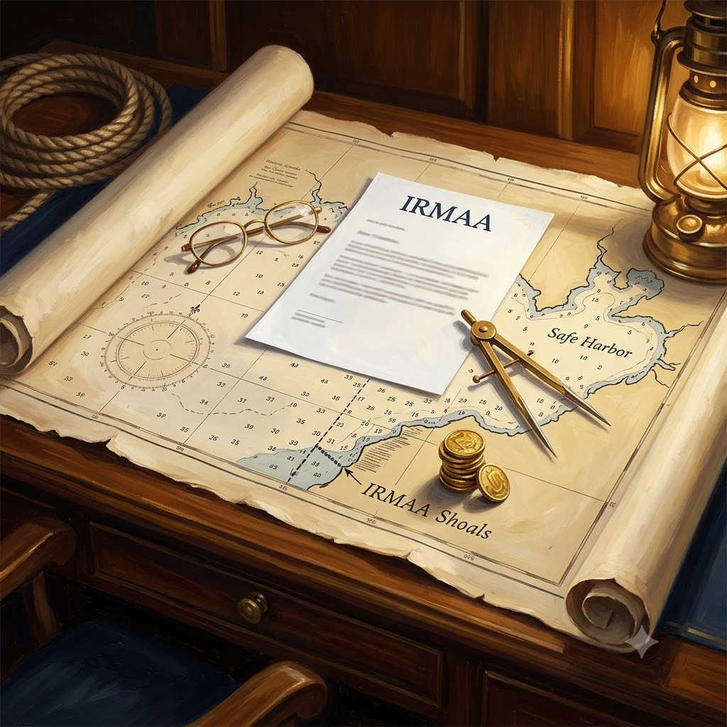 The IRMAA Appeal Kit — an official IRMAA letter on a nautical chart with brass dividers, reading glasses, and gold coins at a marked ledge