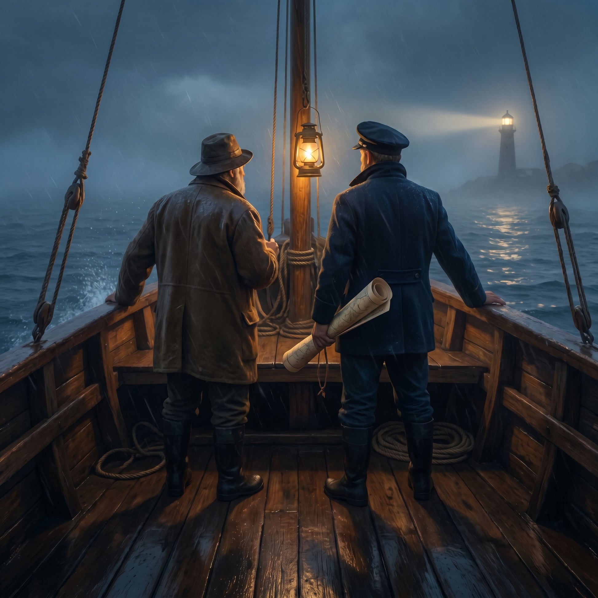 Painterly scene — captain and traveler at the prow of a sailing boat heading toward a distant lighthouse