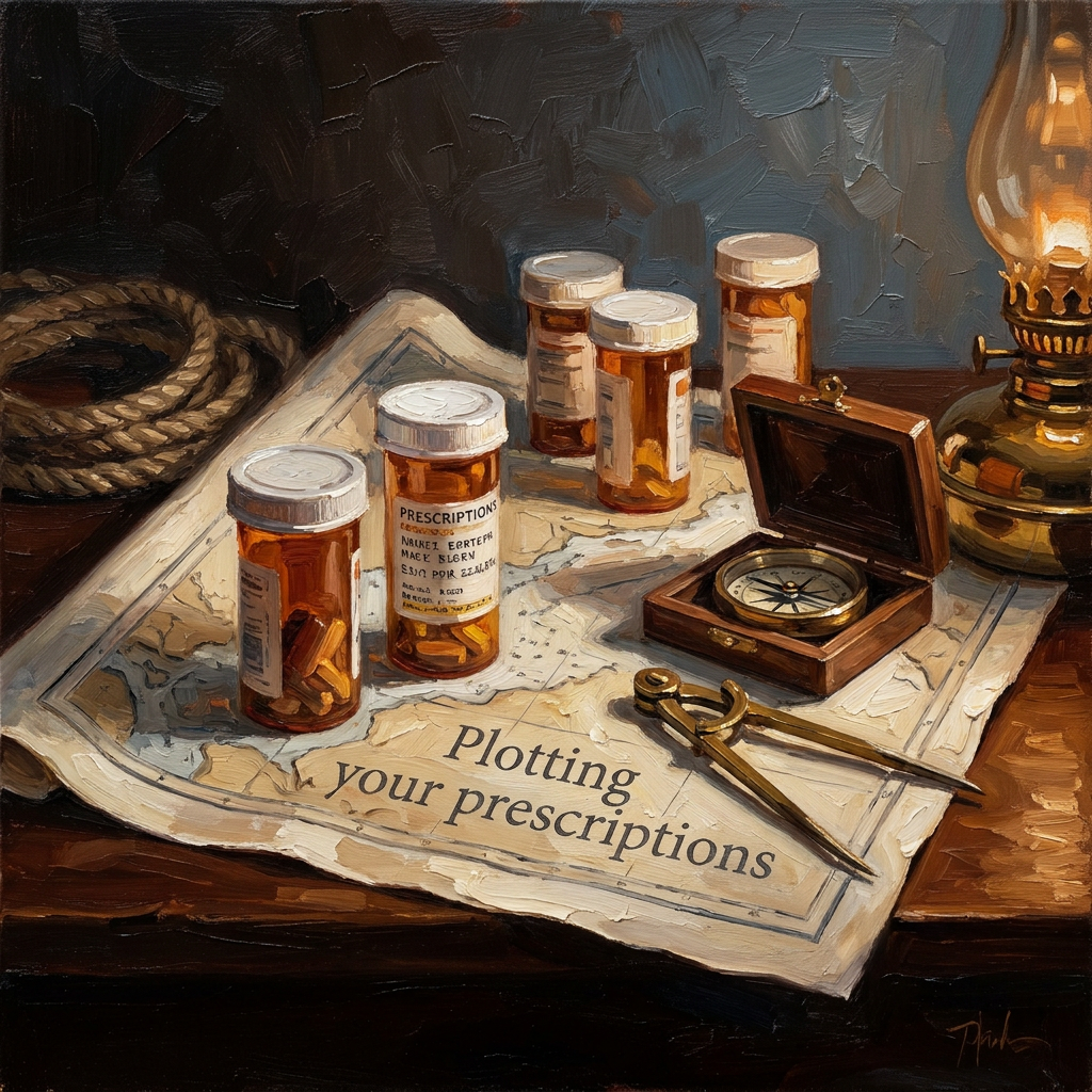 Painterly nautical chart with prescription bottles arranged as waypoints