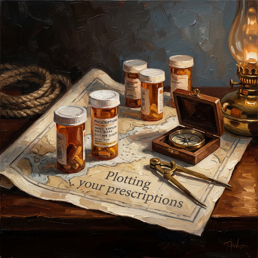 Painterly nautical chart with prescription bottles arranged as waypoints