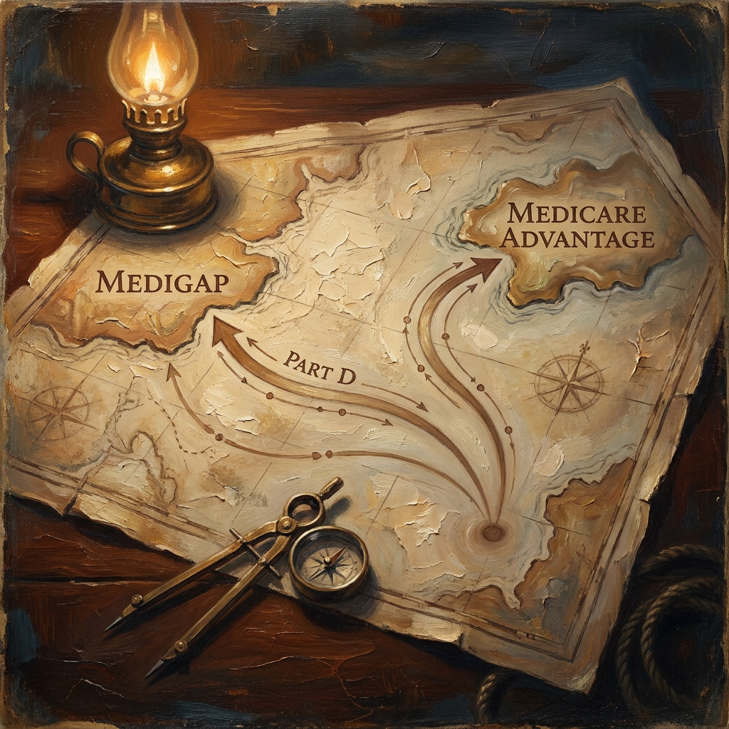 Painterly nautical chart with two diverging routes — Medicare Advantage and MediGap, with shared Part D
