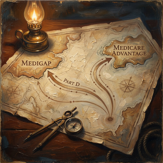 Painterly nautical chart with two diverging routes — Medicare Advantage and MediGap, with shared Part D