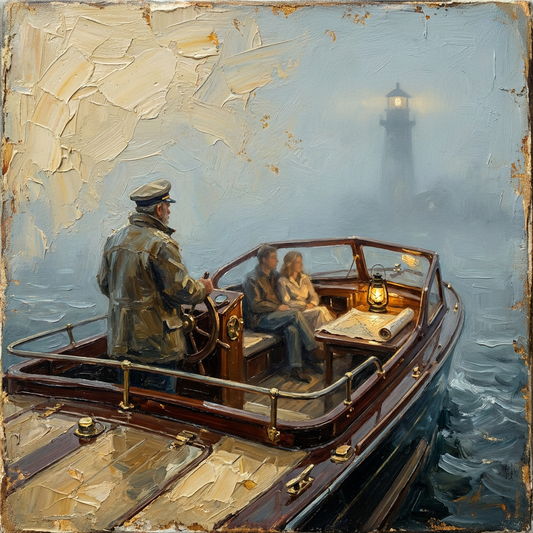 Painterly scene — captain and traveler at the prow of a sailing boat heading toward a distant lighthouse