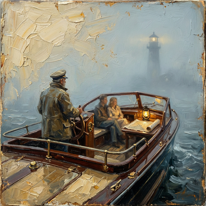 Painterly scene — captain and traveler at the prow of a sailing boat heading toward a distant lighthouse