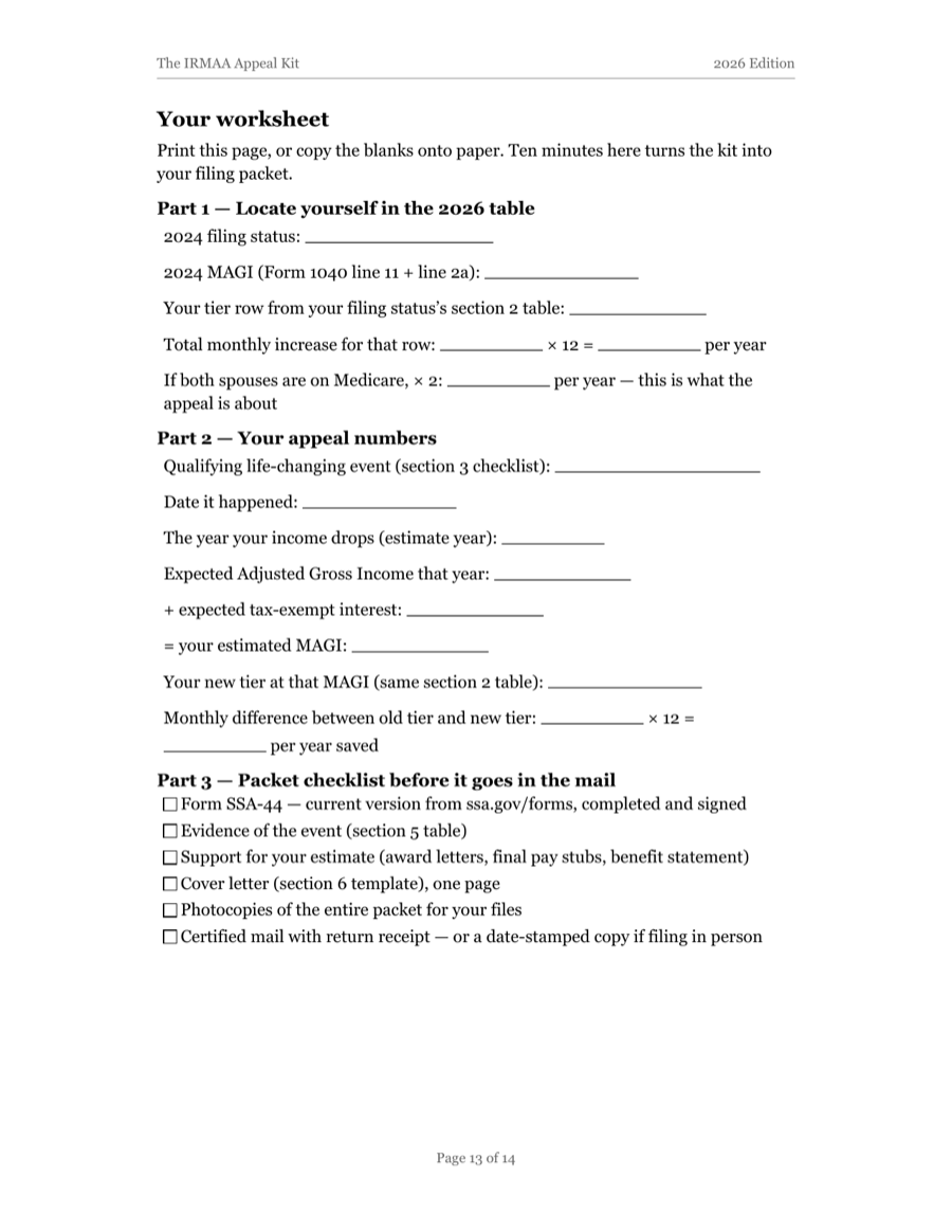 Page 13 of the IRMAA Appeal Kit: the one-page filing worksheet