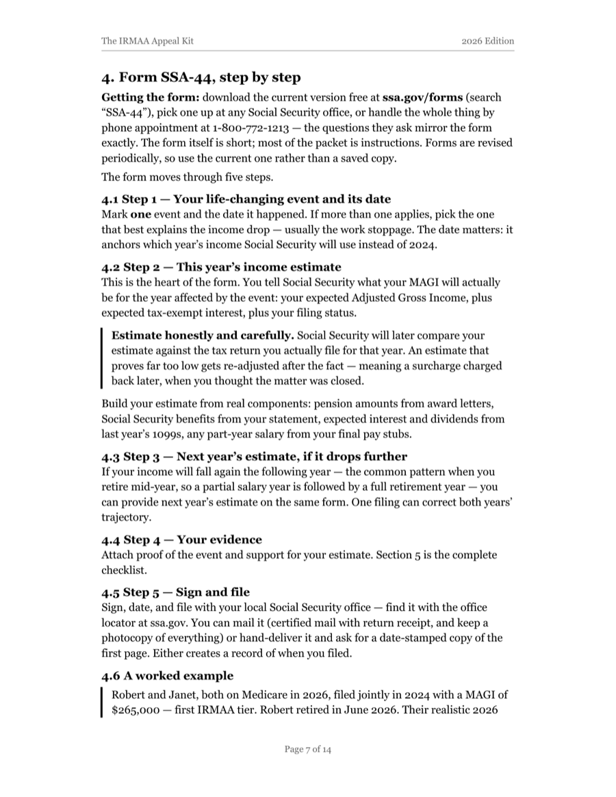Page 7 of the IRMAA Appeal Kit: Form SSA-44, step by step, with the start of the worked example